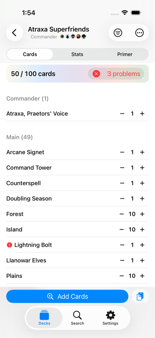 A deck in sections with counts and a rules summary at the top