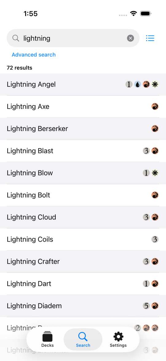 Card search results as a compact list